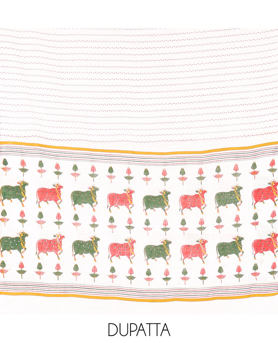 Red Material Chudidar Set, Artfully Woven with Pichwai Cow Motifs Embroidered Cotton Top, Complemented by a Contrast Plain Cotton Bottom, Paired with Pichwai Printed Dupatta