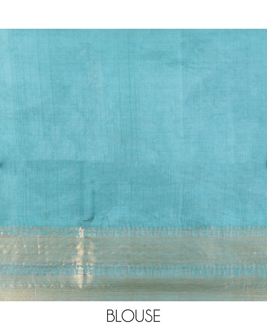 Blue Banana Pith Saree, Woven with Buttas, a Zari Temple Border, Striped Pallu, and Matching Blouse