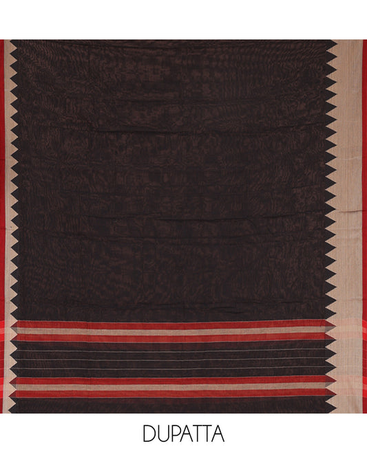 Black Mercerised Cotton Material Churidar Set, Featuring Plain and Temple Bordered Top, Comes with a Plain Mercerised Cotton Bottom, and Paired with a Mercerised Cotton Temple-Patterned Dupatta