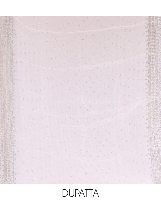 Cream Fendi Organza Material Chudidar Fetaures Pom-Pom-Neckline Top, Plain Bottom, and Scallop Embroidered Dupatta