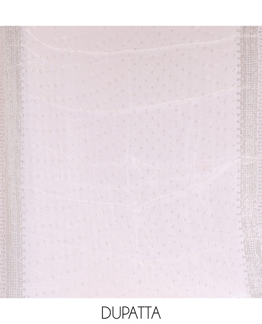 Cream Fendi Organza Material Chudidar Fetaures Pom-Pom-Neckline Top, Plain Bottom, and Scallop Embroidered Dupatta