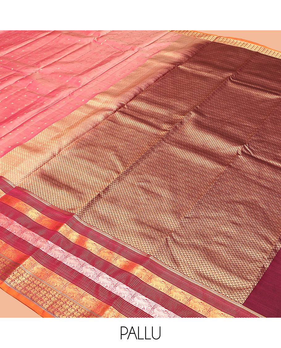 Pink Vasundhara Lite Silk Mix Saree, Beautified with Zari Buttas, Complemented by a Contrast Border of Muthu, Yaali, and Mayil Designs, Grand Pallu, and a Contrast Blouse