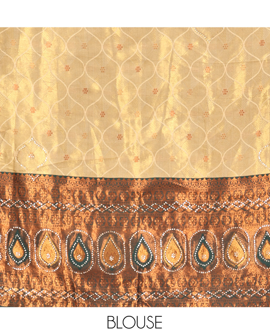 Gold-Green Banarasi Half-Saree, Bedecked with Butta Enclosed Ogee Design, a Contrast Traditional Zari Stone Work Border, a Matching Blouse, and a Contrast Embroidered Dhavani