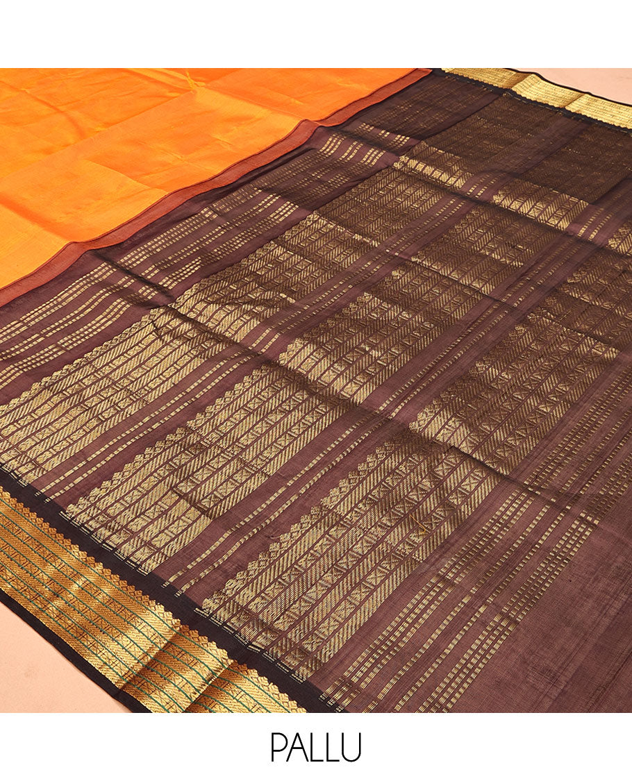 Orange Plain Kuppadam Silk Saree, a Contrast Traditional Zari Border, Grand Pallu, and a Contrast Blouse