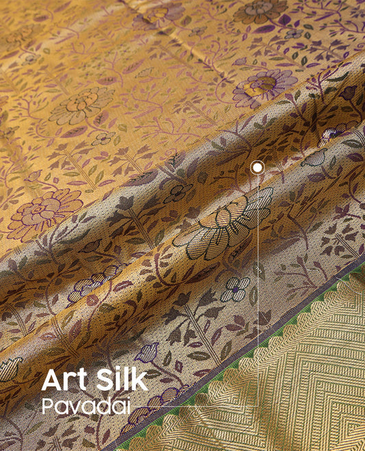 Sandal art silk pavadai material set, floral meenakari jacquard pavadai, contrast green blouse & traditional zari border