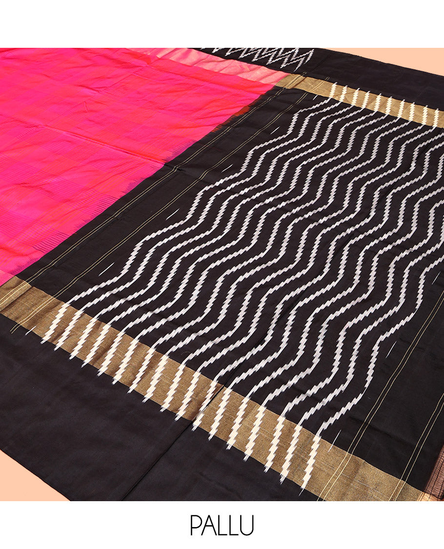 Pink Sparsely Striped Pochampally Ikat Saree, a Contrast Chevron Striped Border, Ikat-Style Pallu, and a Contrast Blouse
