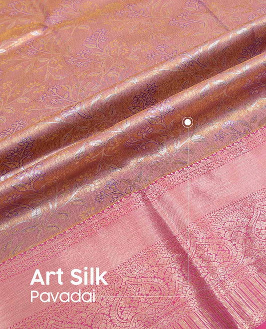 Brown floral design art silk pavadai material with contrast zari design border & floral zari design blouse