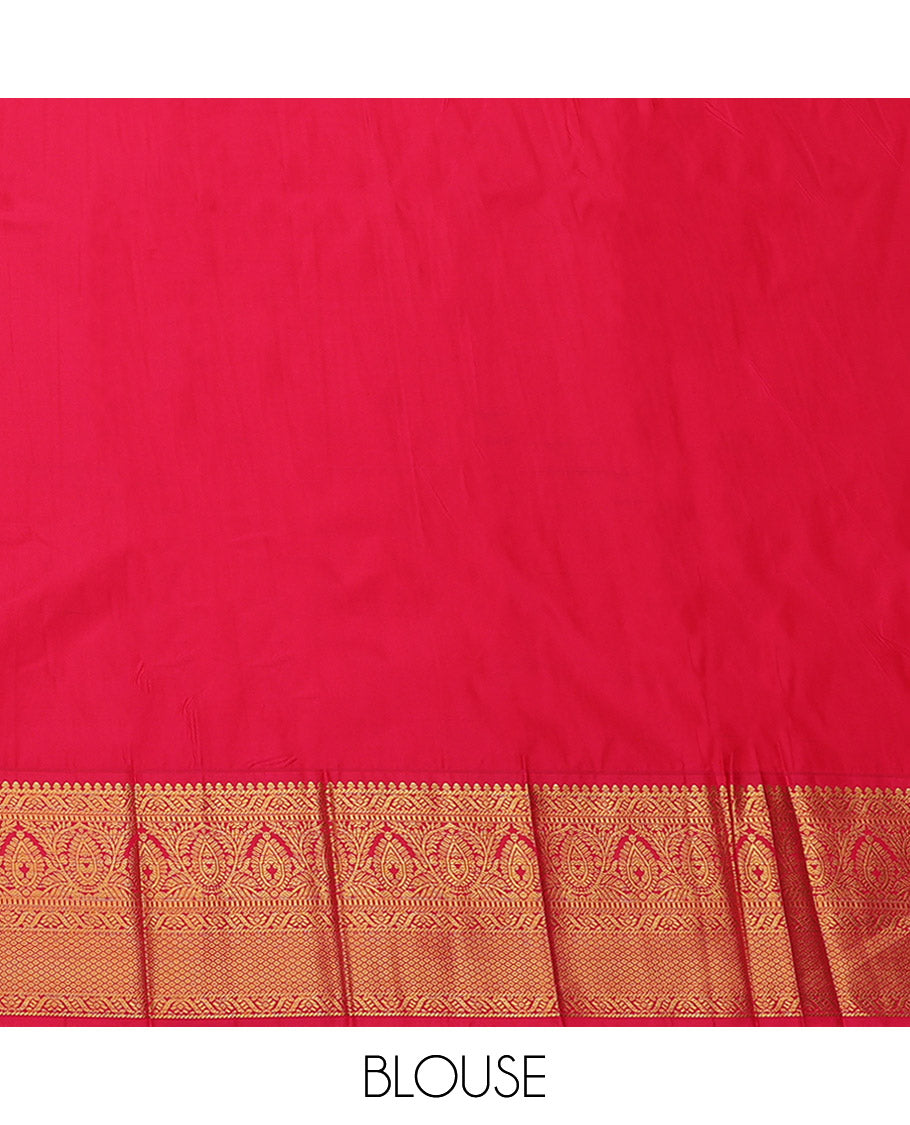 Orange Budget Silk Saree, Gleamed Up with Zari Buttas, Complemented by a Contrast Traditional Zari Border, Jaal Pallu, and a Contrast Blouse