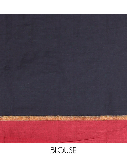 Navy Blue Kanchi Cotton Saree, Accentuated with Dotted Stripes and Floral Buttas All Over Its Body, Complemented by a Contrast Border, Pallu Features Geometric Patterns, and Paired with a Matching Blouse