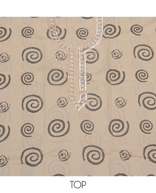 Chikku-Brown Material Churidar Set, Decorated with Spiral Motifs and Neck Embroidery Cotton Top, Printed Bottom, and Dual-Tone Dyed Chiffon Dupatta