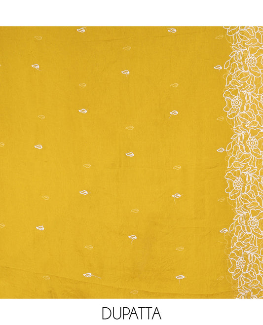 Cream-Mustard Organza Material Chudidar, Floral Thread Embroidery Top, Contrast Bottom, and Embroidered Scallop Dupatta