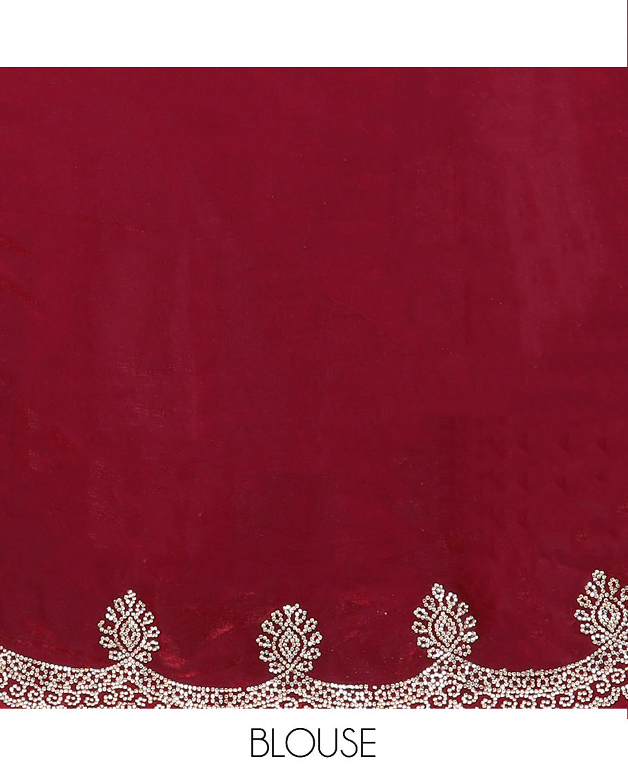 Maroon plain designer saree, intricately stone work border