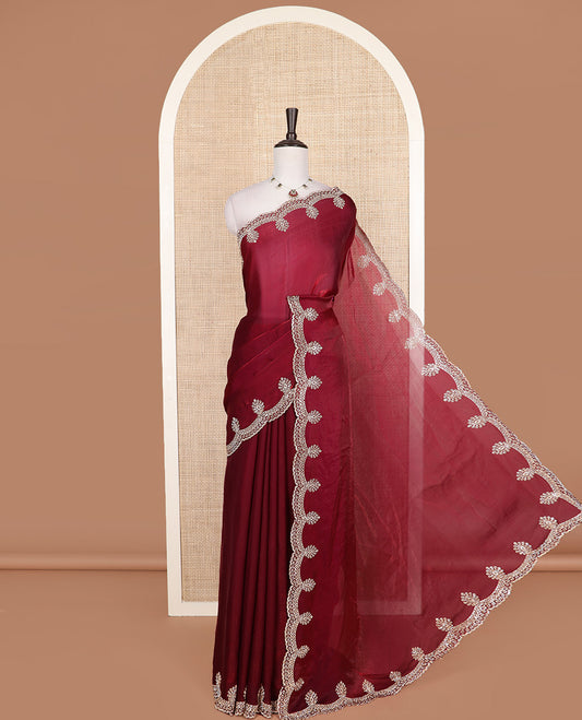 Maroon plain designer saree, intricately stone work border