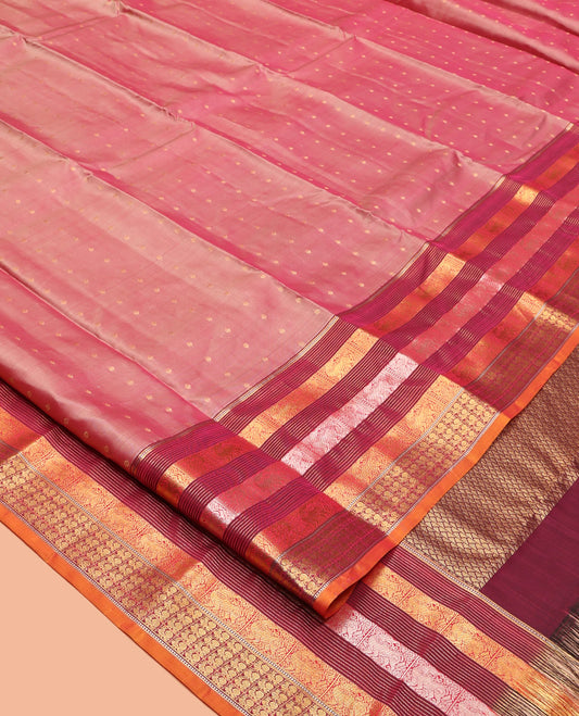 Pink Vasundhara Lite Silk Mix Saree, Beautified with Zari Buttas, Complemented by a Contrast Border of Muthu, Yaali, and Mayil Designs, Grand Pallu, and a Contrast Blouse