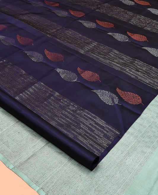 Borderless Blue Mayuri Soft Silk Saree Subtly Sparkled With Zari Stripes, and Leaf Motifs On Its Body, Complemented by Contrast Pallu, and Paired with a Contrast Blouse