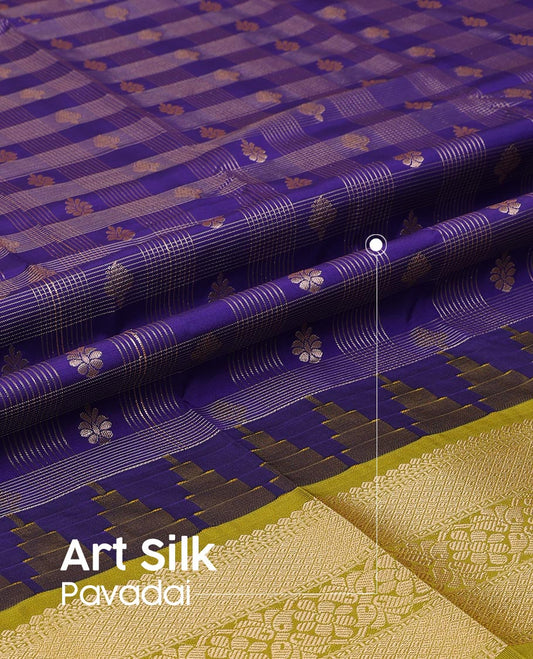 Blue Art Silk Pavadai Material Set, Bedecked with Zari Buttas Skirt, Complemented by a Contrast Temple Traditional Zari Design Border, and Paired with a Contrast Blouse