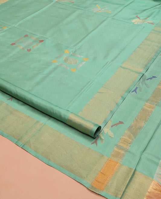 Green Uppada Silk Saree, Bedecked with Meena Zari Buttas on Its Body, Subtle Bavanji Border, Pallu of Meenakari Zari Buttas, and Paired with a Matching Blouse