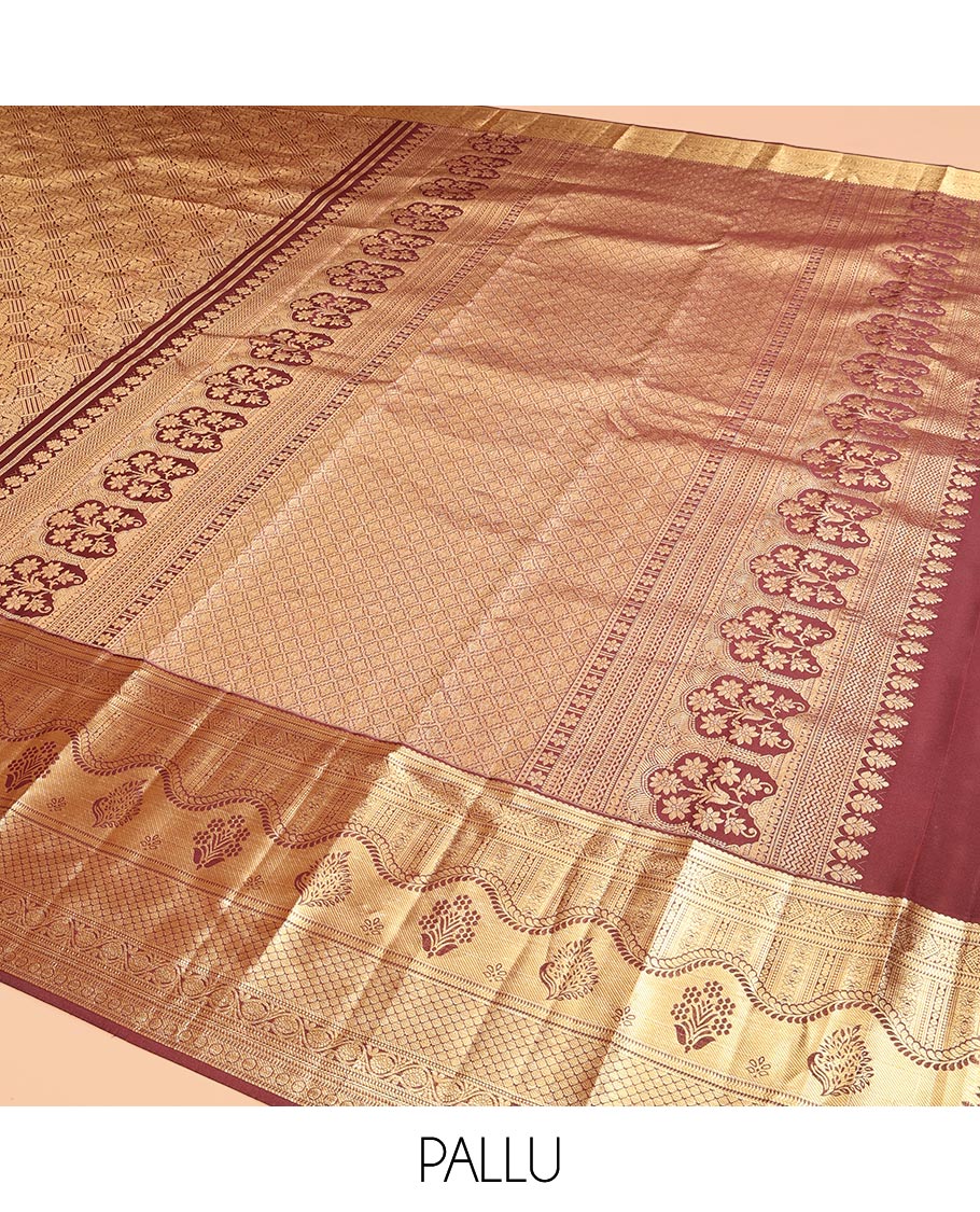 Brown Kanchipuram Wedding Silk Saree, Meticulously Crafted with Jacquard Design, a Zari Border of Traditional Designs, Grand Pallu, and a Matching Blouse