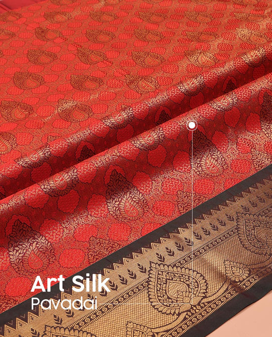 Red Art Silk Pavadai Material Set, Embellished with Jacquard Design on Its Skirt, Complemented by a Contrast Zari Design Border, and Paired with a Contrast Blouse