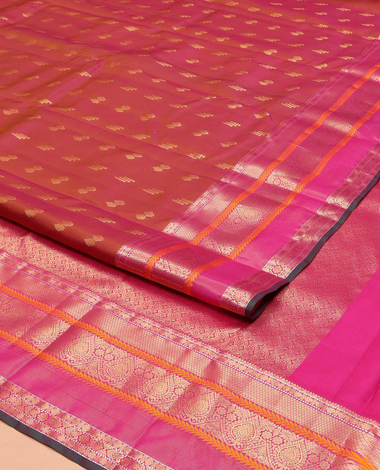 Orange Vasundhara Lite Silk Mix Saree, Graced with Zari Buttas, Complemented by a Contrast Border of Rekku, Rudraksham, Mayil Kann, Kathir, Jada Nagam, and Thilakam Designs, Intricately Designed Pallu, and Paired with a Contrast Blouse