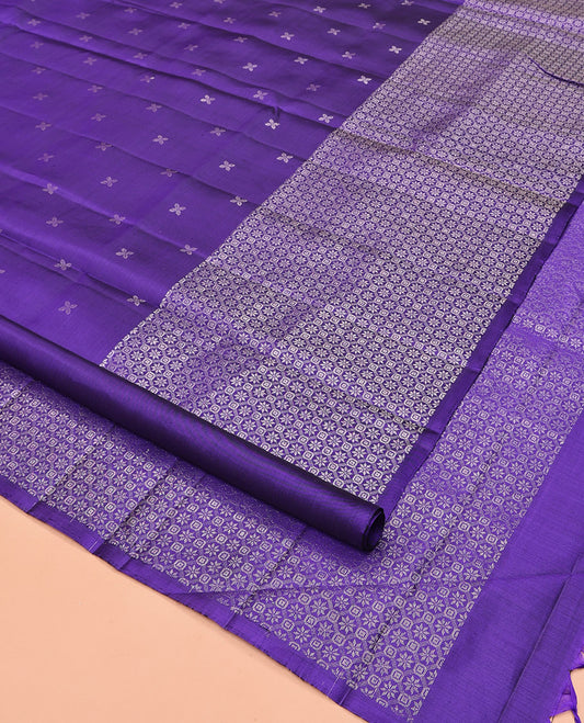 Purple Mayuri Soft Silk Saree, Accentuated with Zari Buttas All Over Its Body, Highlighted by Intricately Designed Border, Grand Pallu, and Paired with a Matching Blouse