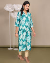 Blue Flower Motifs Printed Below-Knee-Length Cotton Kurti, Adorned with V-Neckline, 3/4 Sleeves, Straight-Cut Length