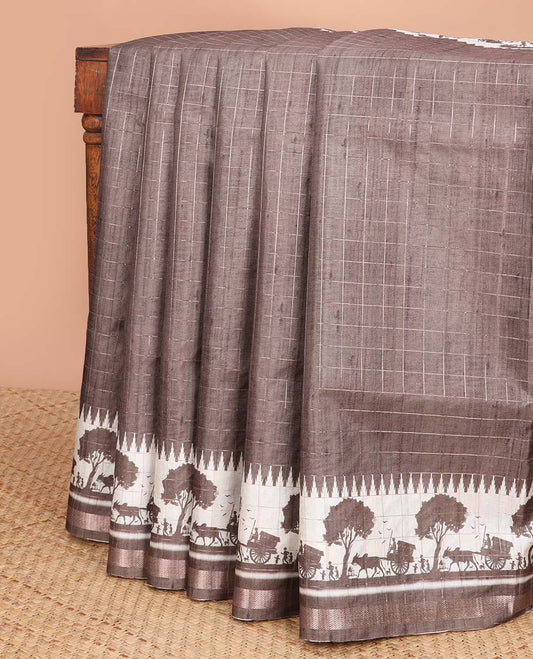 Brown checked semi-banaras tussar saree with self - bullock cart border & checked pallu