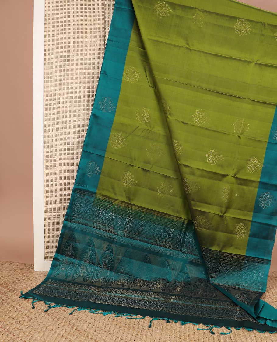 Green zari buttas silk mix saree, contrast zari buttas border & pallu of intricate designs