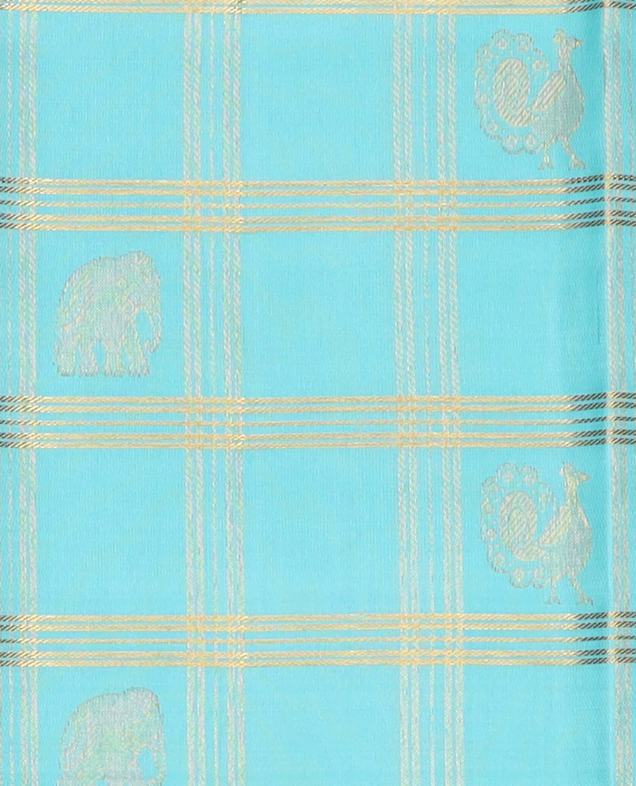 Blue puresilk halfsaree, yaanai and mayil butta enclosed checked skirt, contrast blouse and border of traditional designs in zari, and zari design dhavani