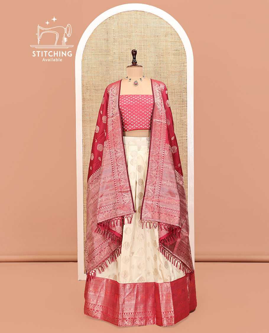 Cream-Pink Art Silk Half Saree, Embellished with Zari Buttas Skirt, Contrast Traditional Border, Jacquard Blouse, and a Contrast Banaras Dhavani