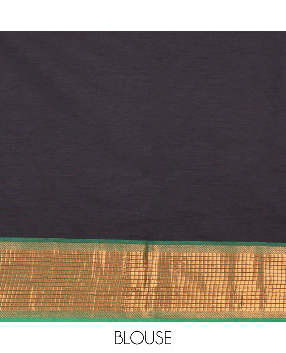 Black Plain Chettinad Cotton Saree, Complemented by Contrast Traditional Zari Design Woven Ganga-Jamuna Border, Pallu of Stripes, and Paired with a Matching Blouse