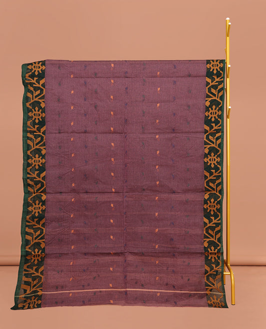 Brown Bengal Cotton Saree, Accentuated with Thread Buttas All Over Its Body, Complemented by a Contrast Jamdani-Style Floral Creeper Design Border, Pallu of Stripes, and Paired with a Matching Blouse