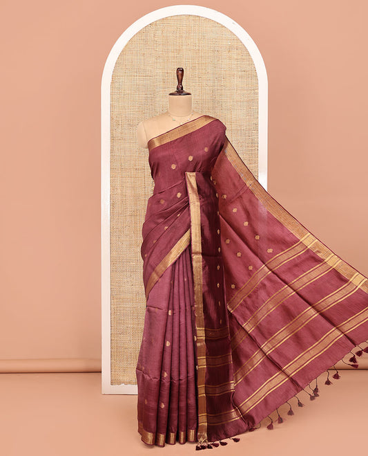 Maroon Banana Pith Saree, Sparsely Woven with Buttas All Over Its Body, Subtle Self-Border, Pallu Steeped with Stripes, and Paired with a Matching Blouse