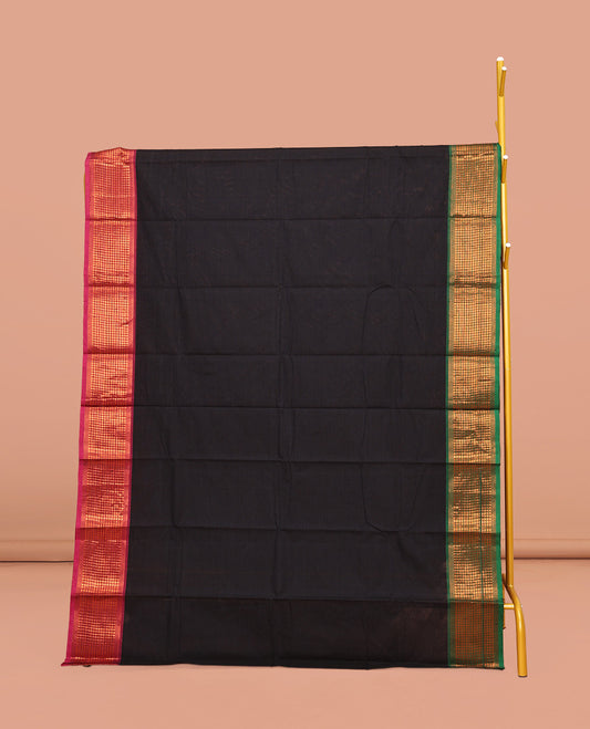 Black Plain Chettinad Cotton Saree, Complemented by Contrast Traditional Zari Design Woven Ganga-Jamuna Border, Pallu of Stripes, and Paired with a Matching Blouse