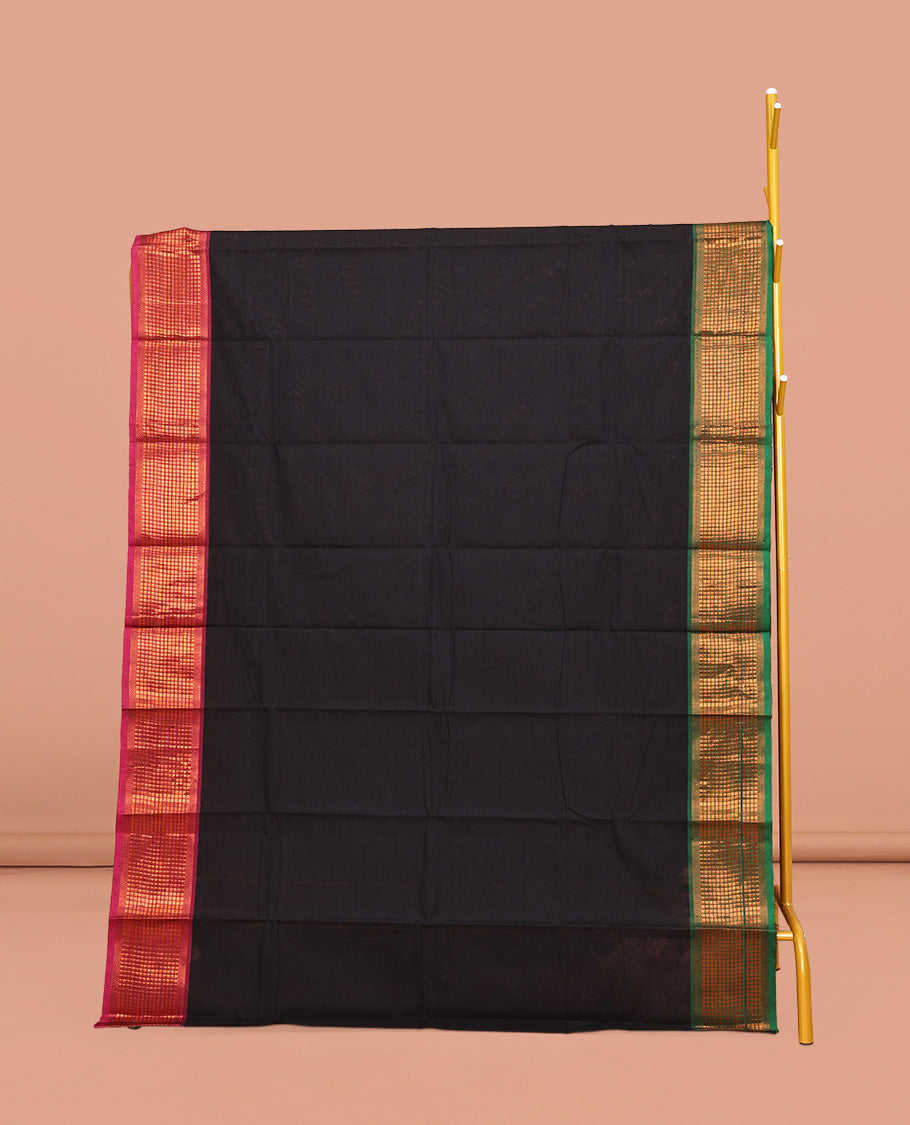 Black Plain Chettinad Cotton Saree, Complemented by Contrast Traditional Zari Design Woven Ganga-Jamuna Border, Pallu of Stripes, and Paired with a Matching Blouse