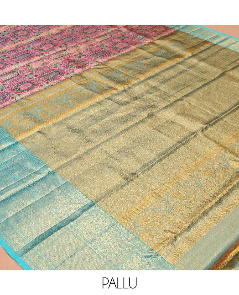 Pink Meenakari Jacquard Kanchipuram Tissue Silk Saree, a Contrast Border of Thilakam, Muthu, Poun, Arumbu Manga, and Jaal Design, Grand Pallu, and a Contrast Blouse