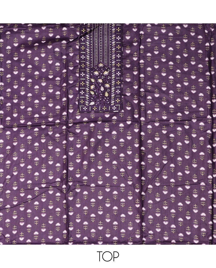 Purple Cotton Material Chudidar Set, Adorned with Floral Motifs Block Print, and Neck Embroidery on Its Cotton Top, a Floral Printed Bottom, and Paired with Chevron Printed Cotton Dupatta
