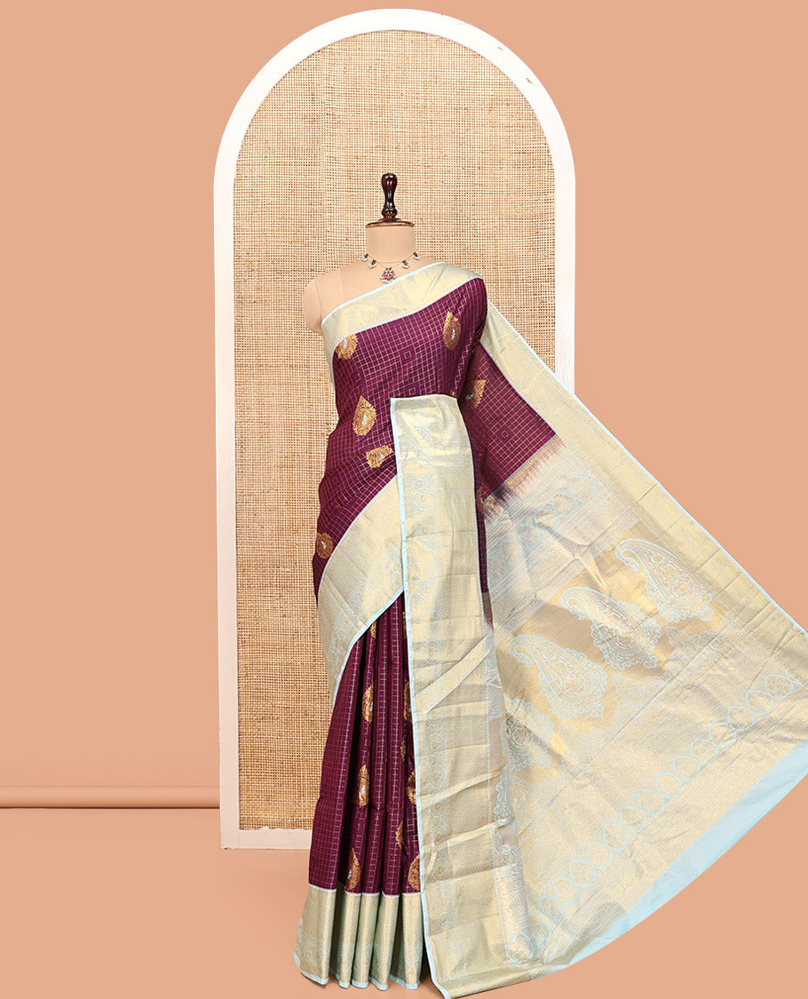 Purple Budget Silk Saree, Mesmerized with Zari Butta and Checks, Contrast Paisley Zari Border, Grand Pallu, and a Contrast Blouse