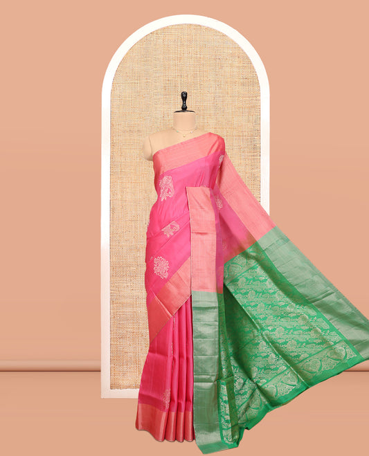 Pink Uppada Saree, Highlighted by Zari Buttas, a Bavanji Border, Contrast Intricate Pallu, and a Contrast Blouse