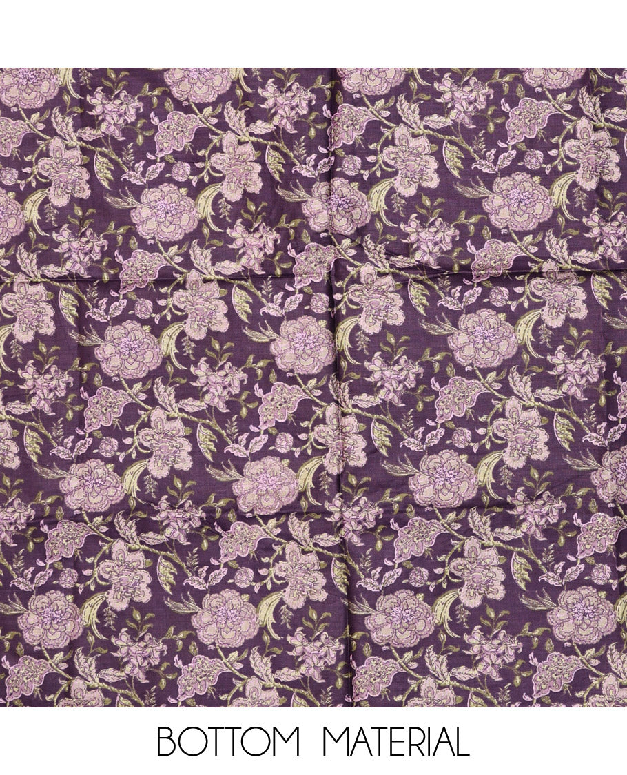 Purple Cotton Material Chudidar Set, Adorned with Floral Motifs Block Print, and Neck Embroidery on Its Cotton Top, a Floral Printed Bottom, and Paired with Chevron Printed Cotton Dupatta