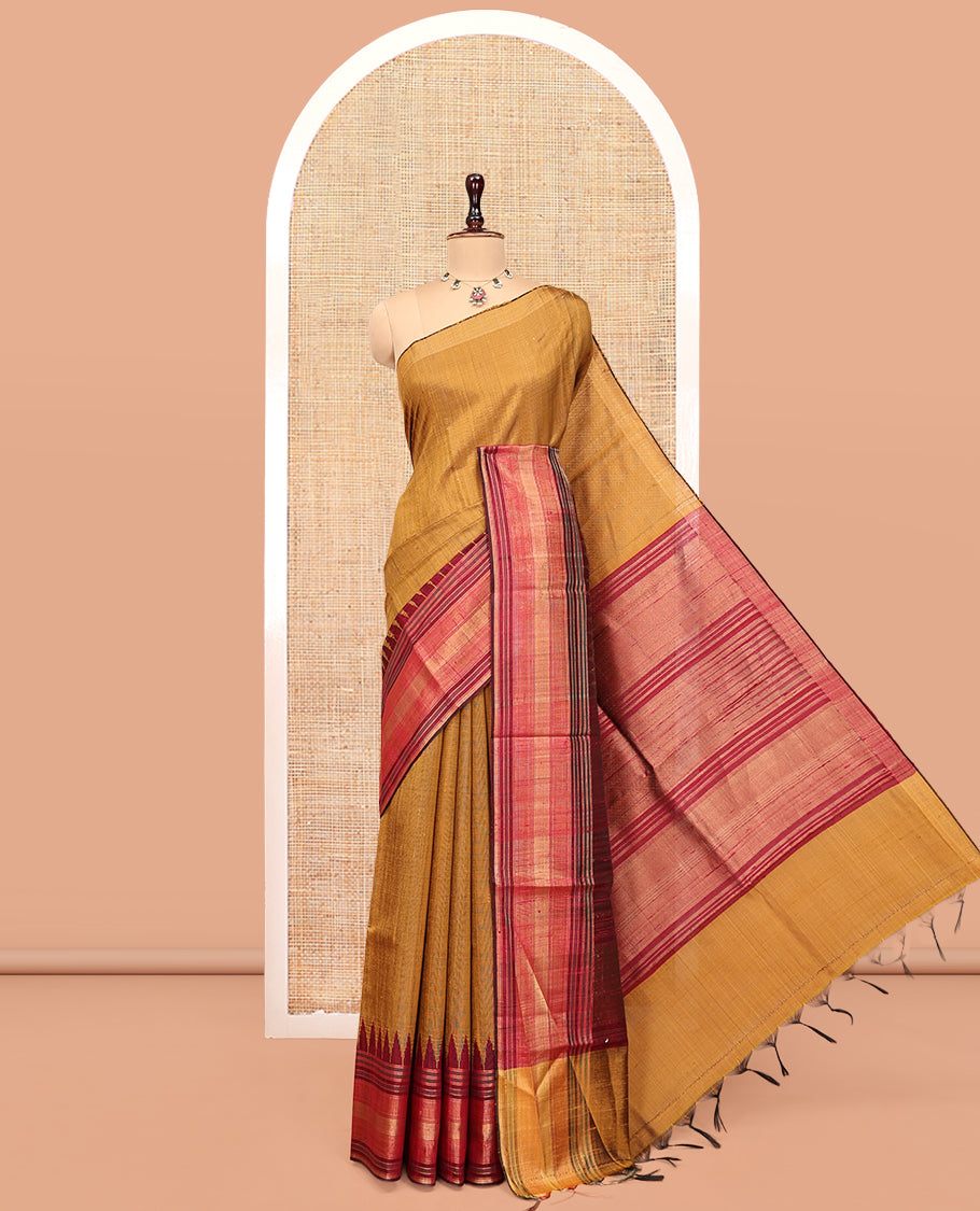 Mustard Dupion Silk Saree,  Complemented by Contrast Temple-Checked Border, Temple Pallu, and a Contrast Blouse