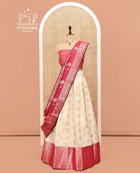 Cream-Pink Art Silk Half Saree, Embellished with Zari Buttas Skirt, Contrast Traditional Border, Jacquard Blouse, and a Contrast Banaras Dhavani
