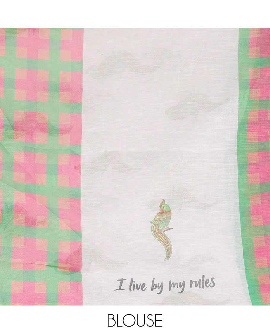 White-Green Linen Cotton Saree