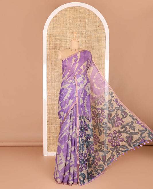 Borderless lavender printed linen cotton saree, hand brush painting style floral vine printed pallu, and contrast floral printed blouse