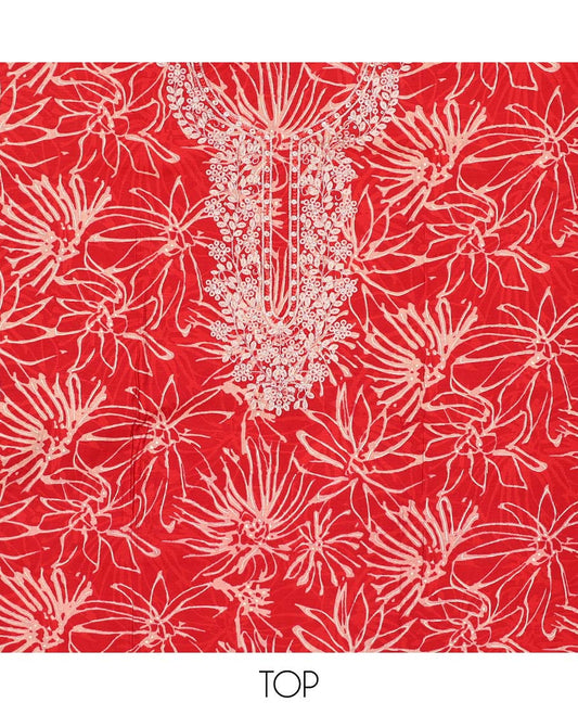 Red leaf printed chudidhar material set floral thread embroidered top, plain bottom & sequins embroidered dupatta