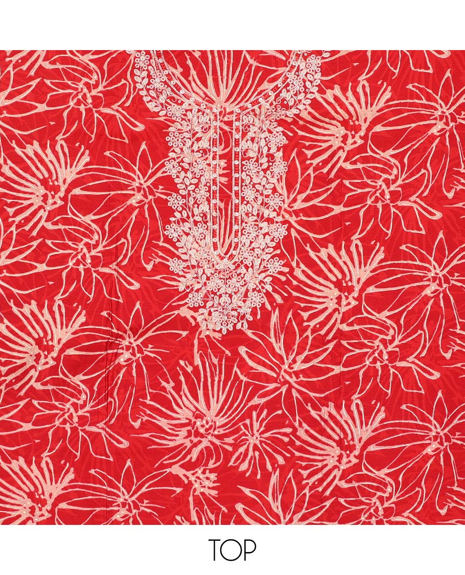 Red leaf printed chudidhar material set floral thread embroidered top, plain bottom & sequins embroidered dupatta