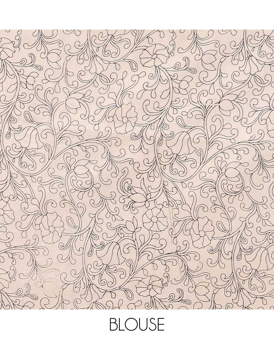 off white intricate design machine-printed kalamkari cotton saree with contrast peacocok border & intricate design pallu