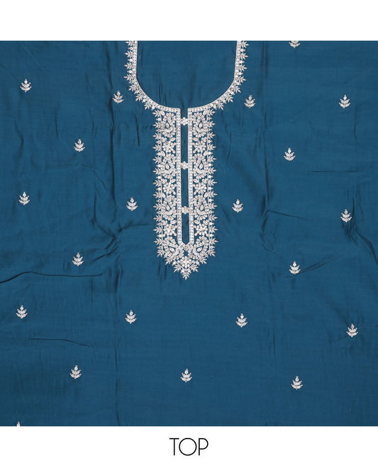 Blue chudidhar material set, floral embroidery, sequins top , red plain bottom & floral vine zari design dupatta