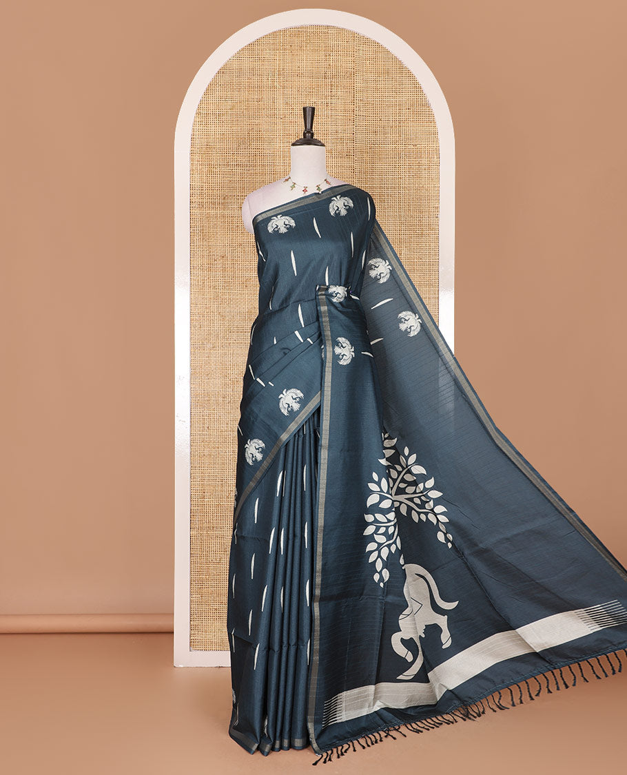 Green jasmine bud motifs printed kathan silk saree, double-headed eagle motif zari piping border, pichwai cow printed pallu, and floral printed blouse