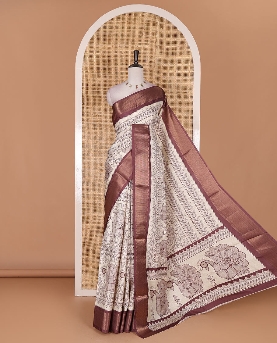 Cream-maroon flora, fauna, and geometric madhubani printed soft tussar saree, contrast zari border, peacock print pallu, and printed blouse